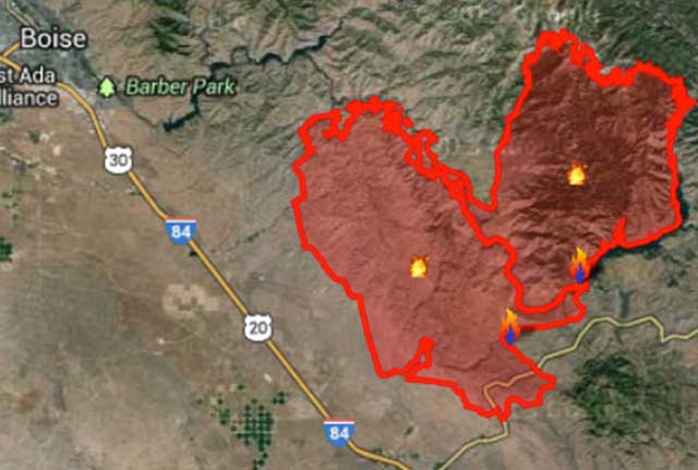 Fire perimeter areas of the Pony and Elk complex fires. 